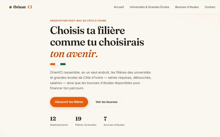 Capture d'écran de la page d'accueil du site OrientCI, plateforme d'orientation scolaire