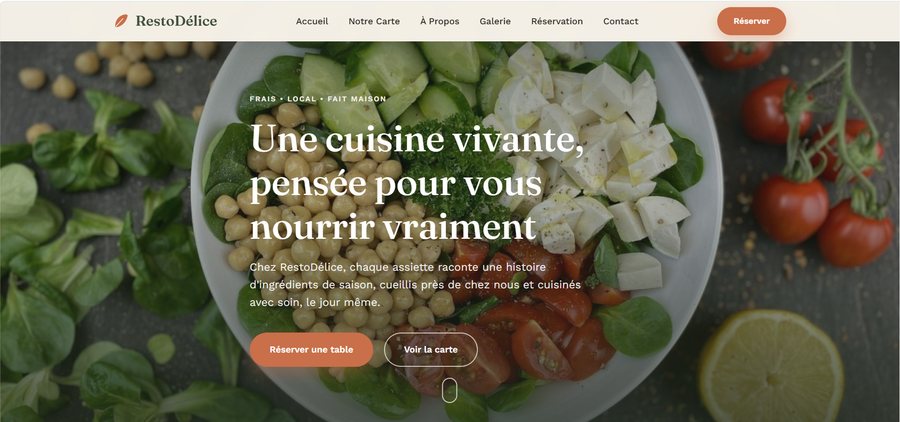 Capture d'écran de la page d'accueil du site RestoDélice, avec une assiette healthy food