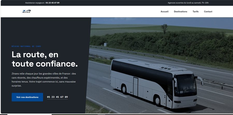 Capture d'écran de la page d'accueil du site Ztrans, avec un car sur autoroute